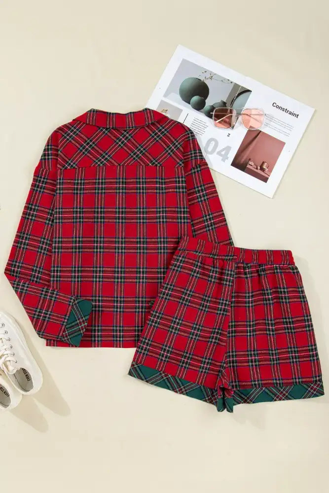 Plaid Contrast Patched Christmas Holiday Long Sleeve Shirt and Short 2pcs Pajama Set