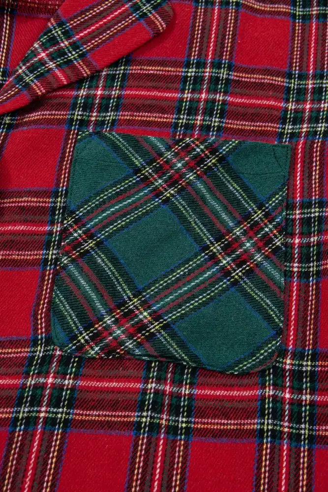 Plaid Contrast Patched Christmas Holiday Long Sleeve Shirt and Short 2pcs Pajama Set