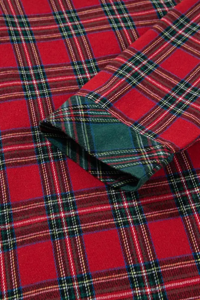 Plaid Contrast Patched Christmas Holiday Long Sleeve Shirt and Short 2pcs Pajama Set