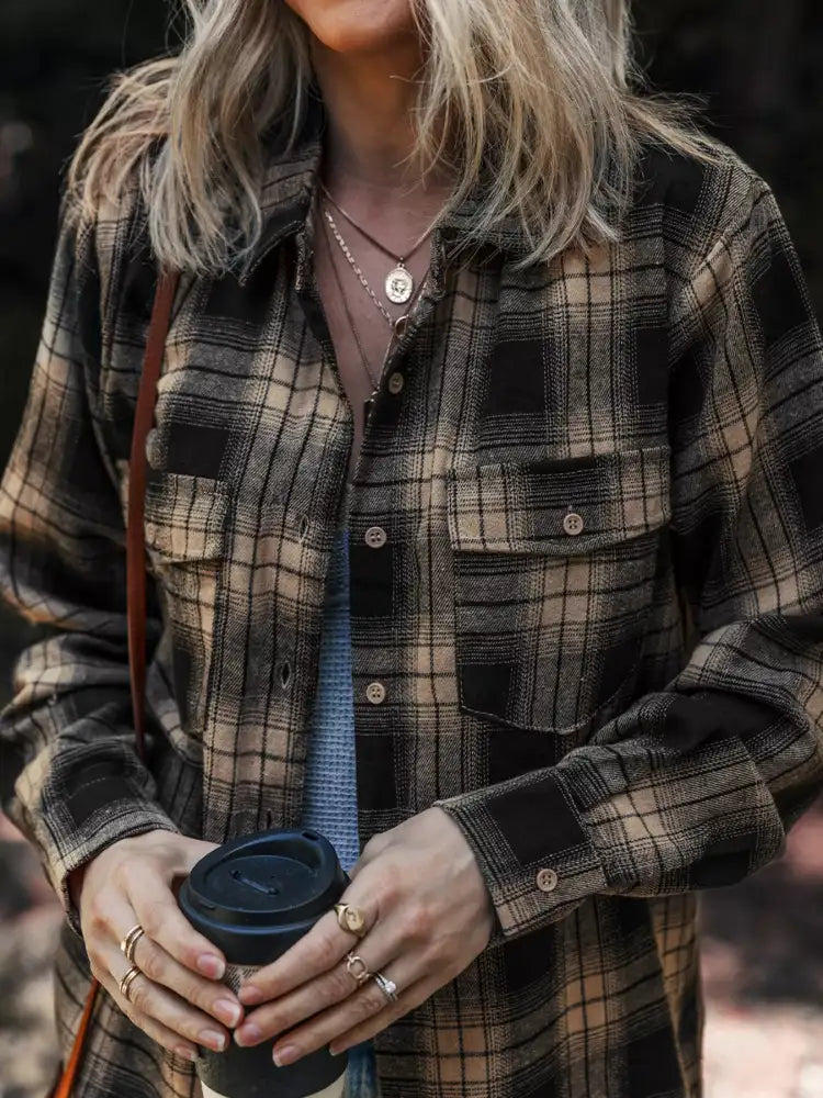 Plaid Double Flap Pocket Brushed Shacket