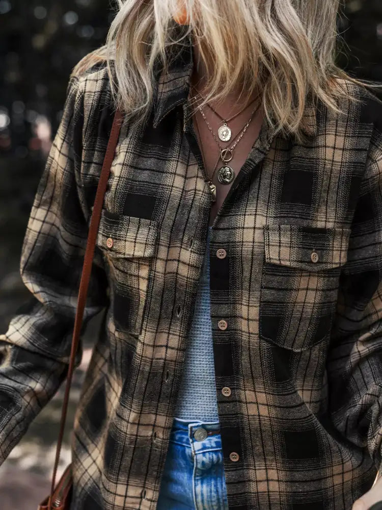 Plaid Double Flap Pocket Brushed Shacket