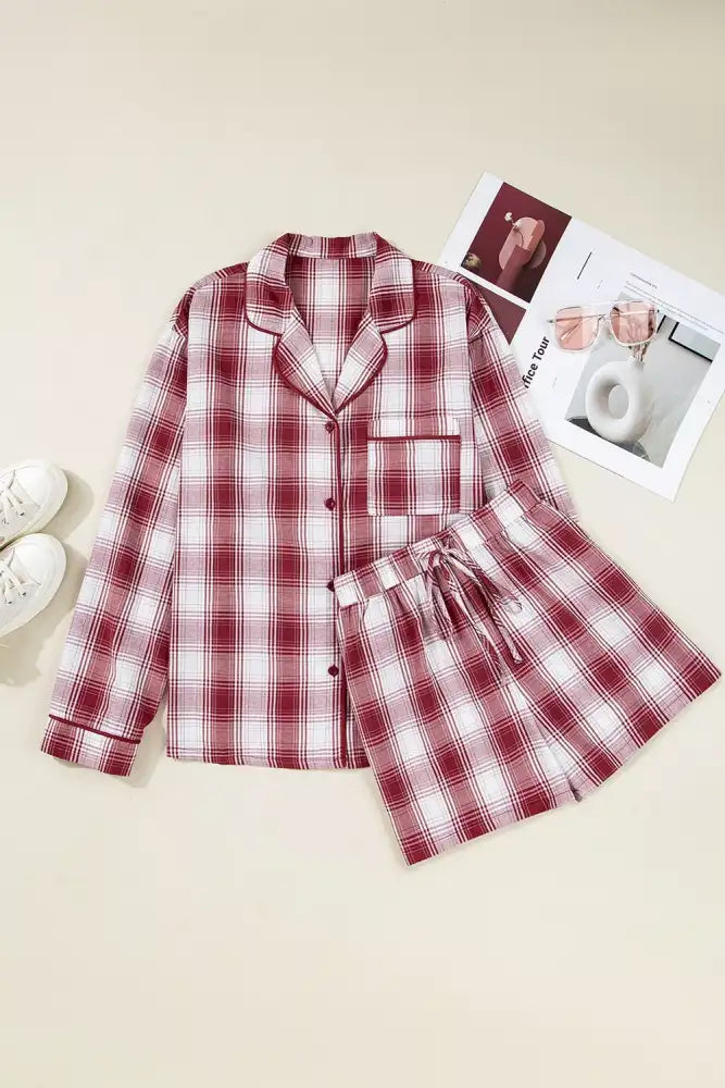 Plaid Long Sleeve Shirt and Drawstring Shorts Lounge Set