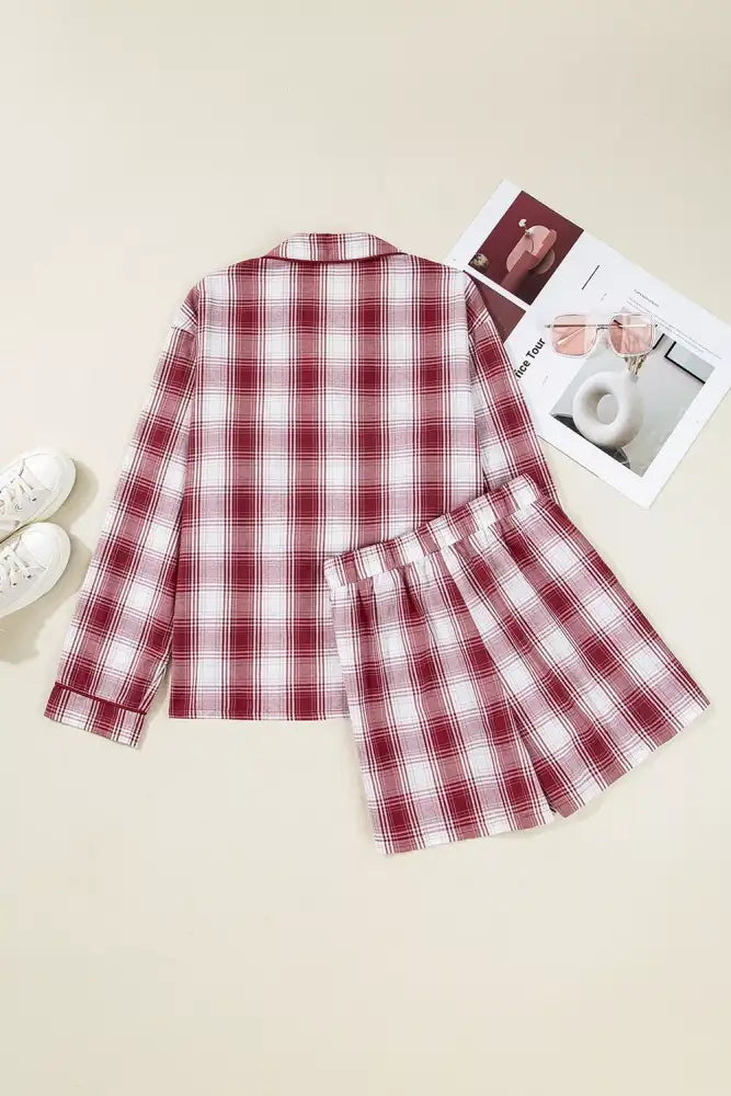 Plaid Long Sleeve Shirt and Drawstring Shorts Lounge Set