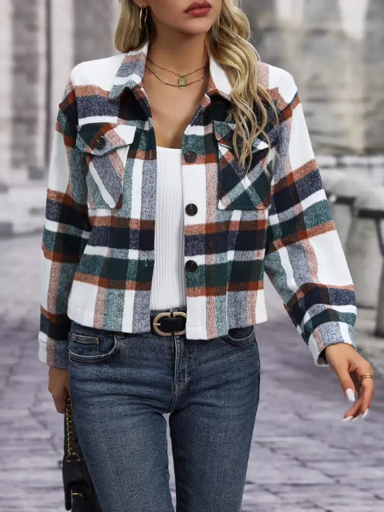 Plaid Oversized Button-Up Cropped Jacket