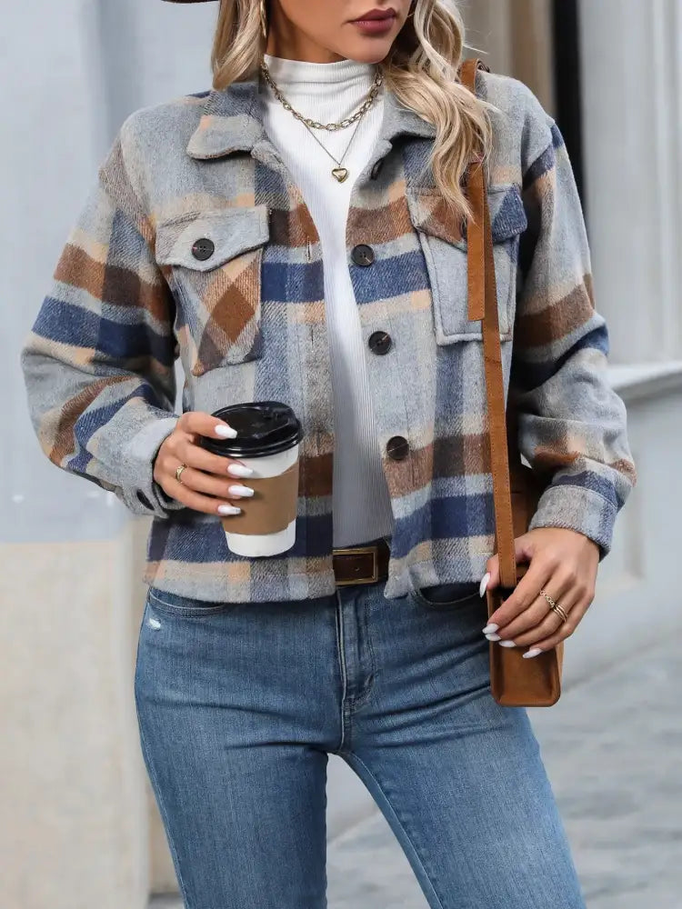 Plaid Oversized Button-Up Cropped Jacket