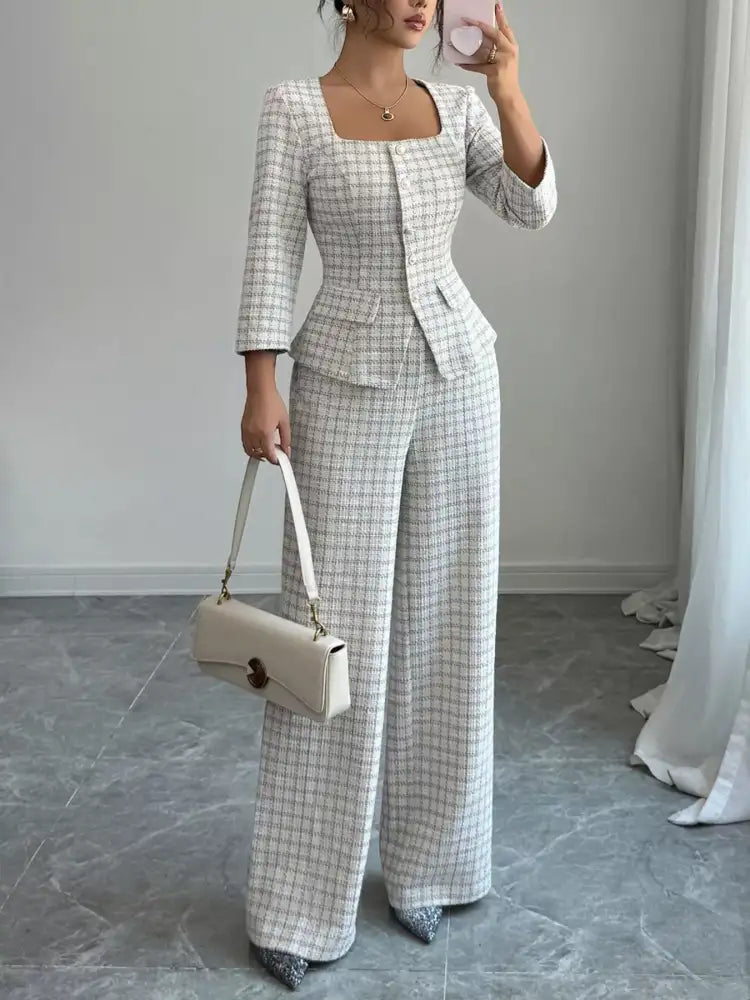 Plaid Square Neck Button Up Top and Pants Set