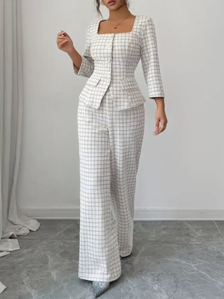 Plaid Square Neck Button Up Top and Pants Set