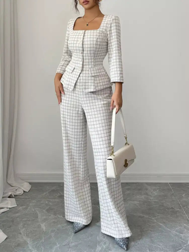 Plaid Square Neck Button Up Top and Pants Set