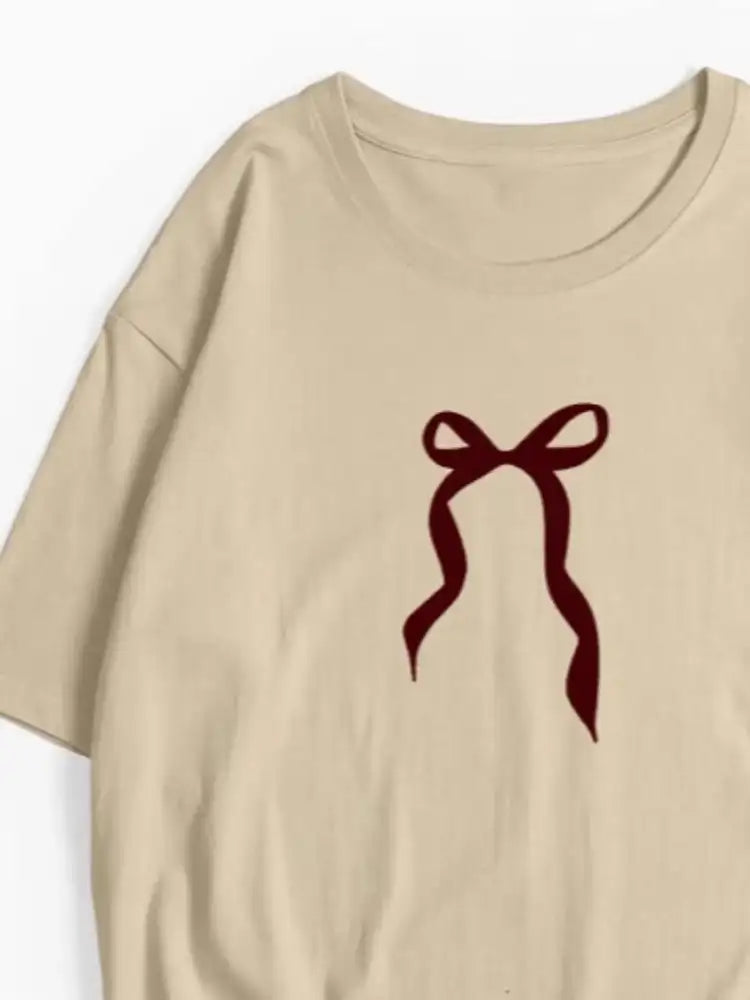 Plus Size Bow Round Neck Short Sleeve T-Shirt