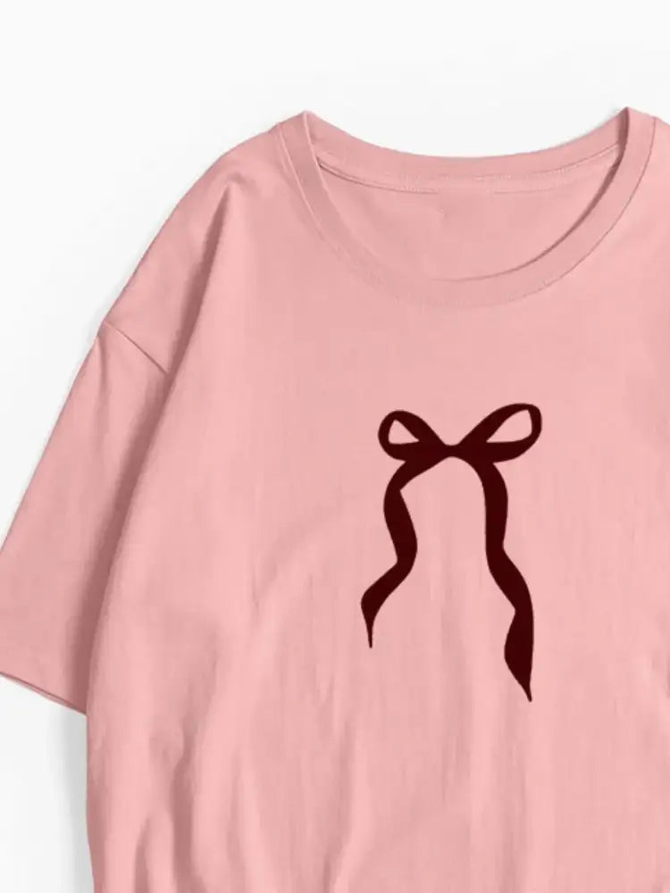 Plus Size Bow Round Neck Short Sleeve T-Shirt