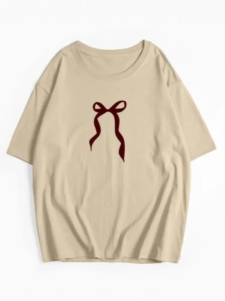Plus Size Bow Round Neck Short Sleeve T-Shirt