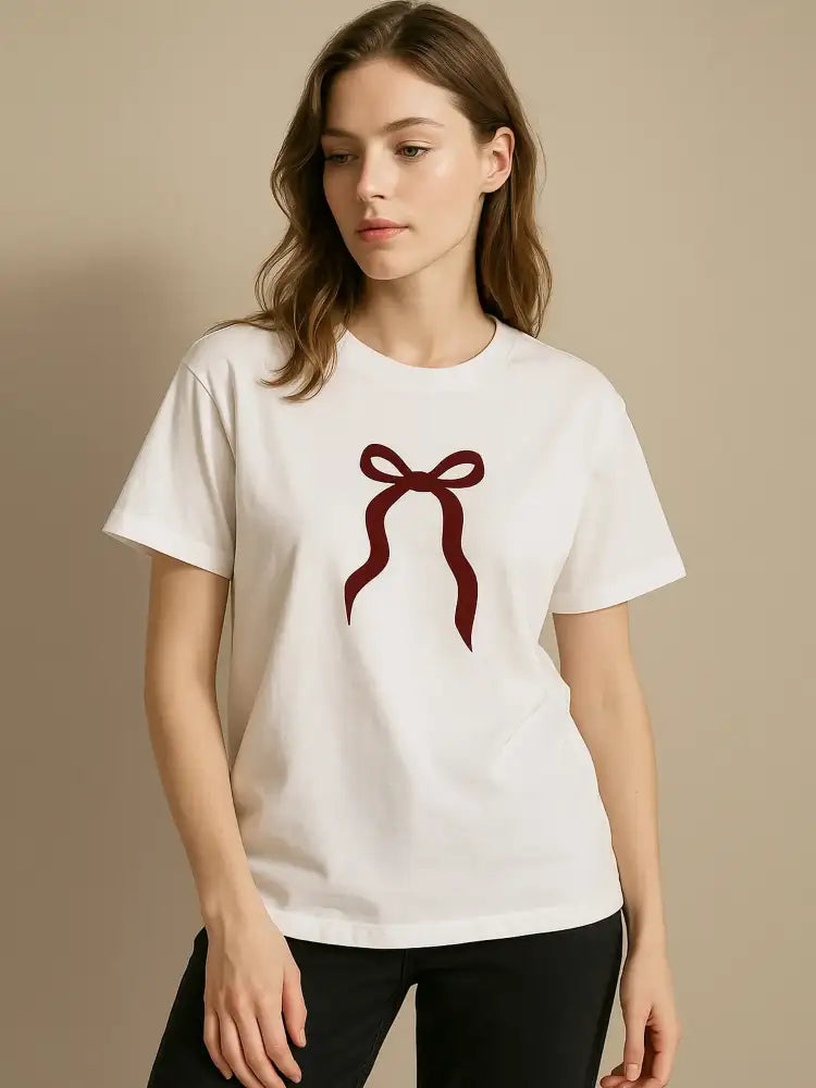 Plus Size Bow Round Neck Short Sleeve T-Shirt