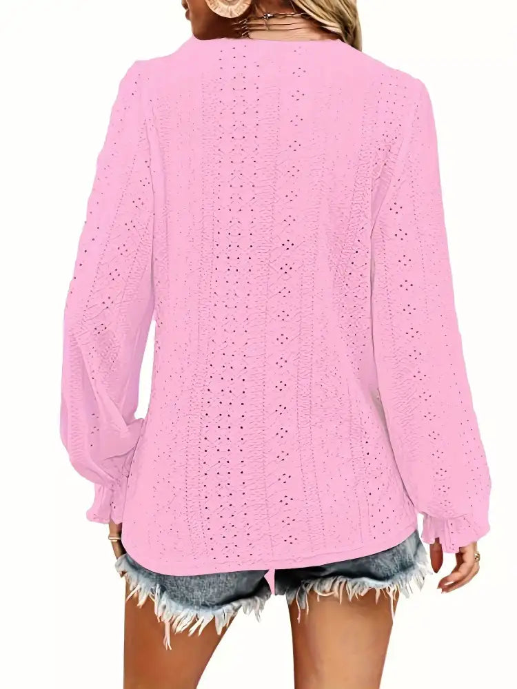 Plus Size Eyelet V-Neck Flounce Sleeve Blouse