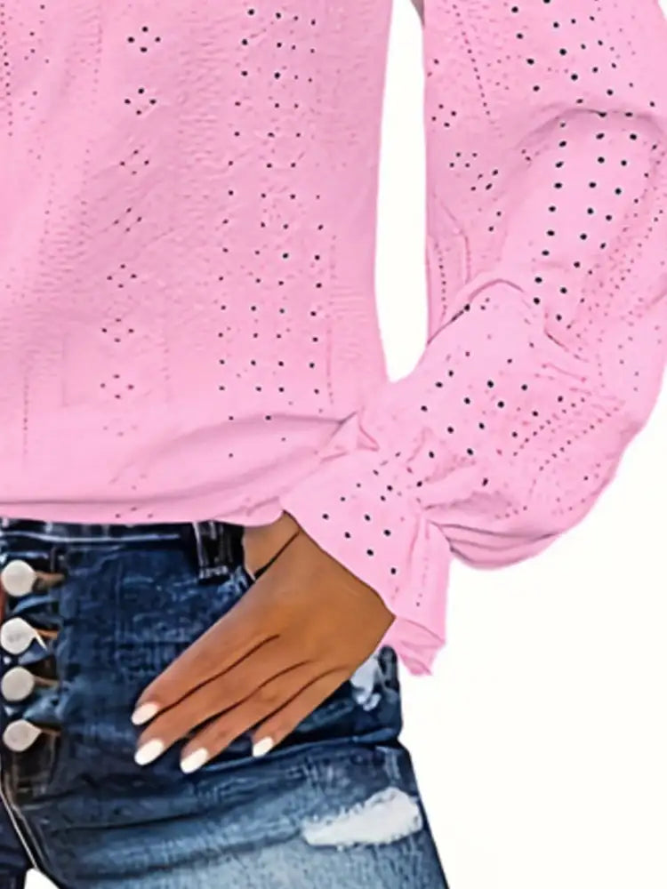 Plus Size Eyelet V-Neck Flounce Sleeve Blouse