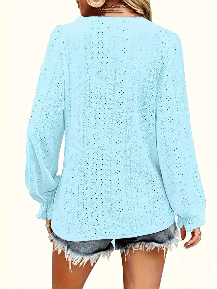Plus Size Eyelet V-Neck Flounce Sleeve Blouse
