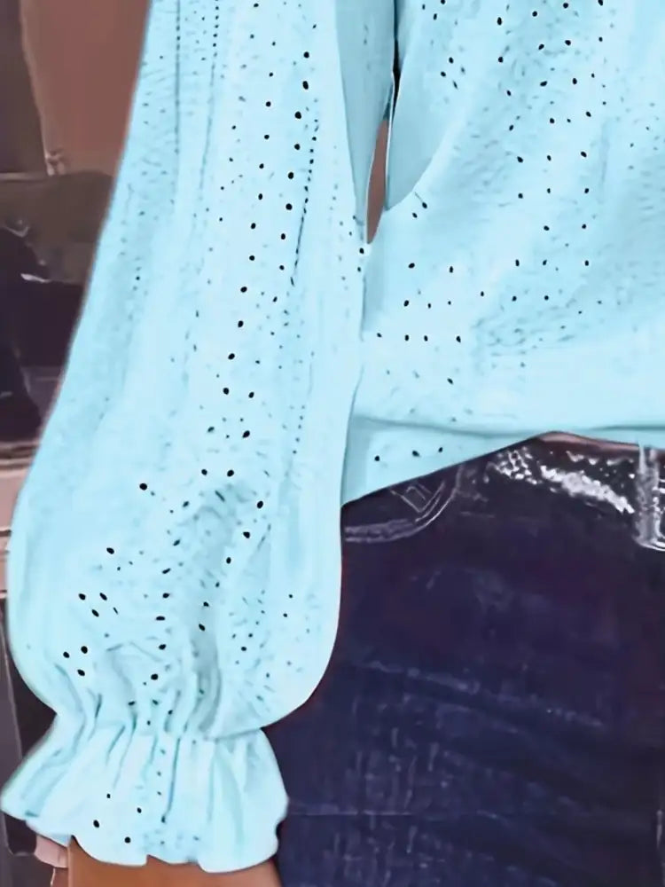 Plus Size Eyelet V-Neck Flounce Sleeve Blouse
