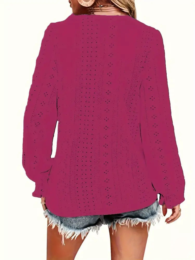 Plus Size Eyelet V-Neck Flounce Sleeve Blouse
