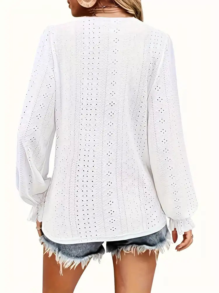 Plus Size Eyelet V-Neck Flounce Sleeve Blouse