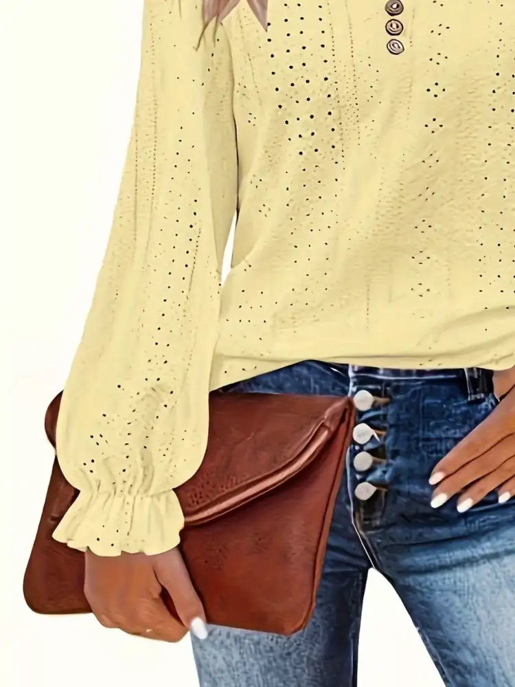 Plus Size Eyelet V-Neck Flounce Sleeve Blouse