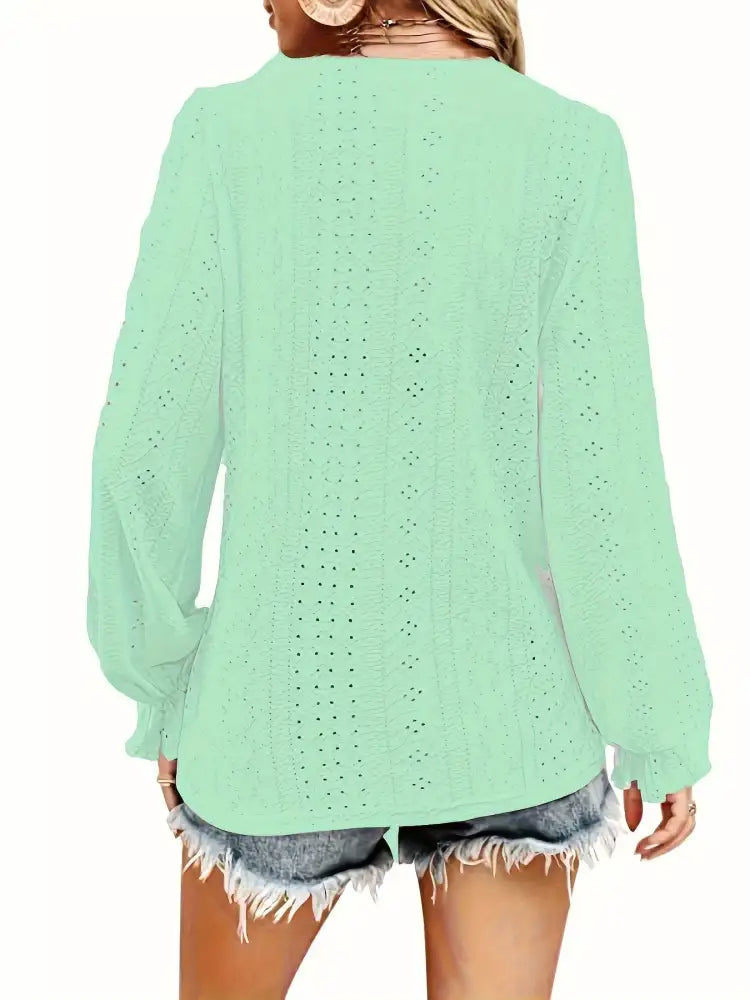 Plus Size Eyelet V-Neck Flounce Sleeve Blouse