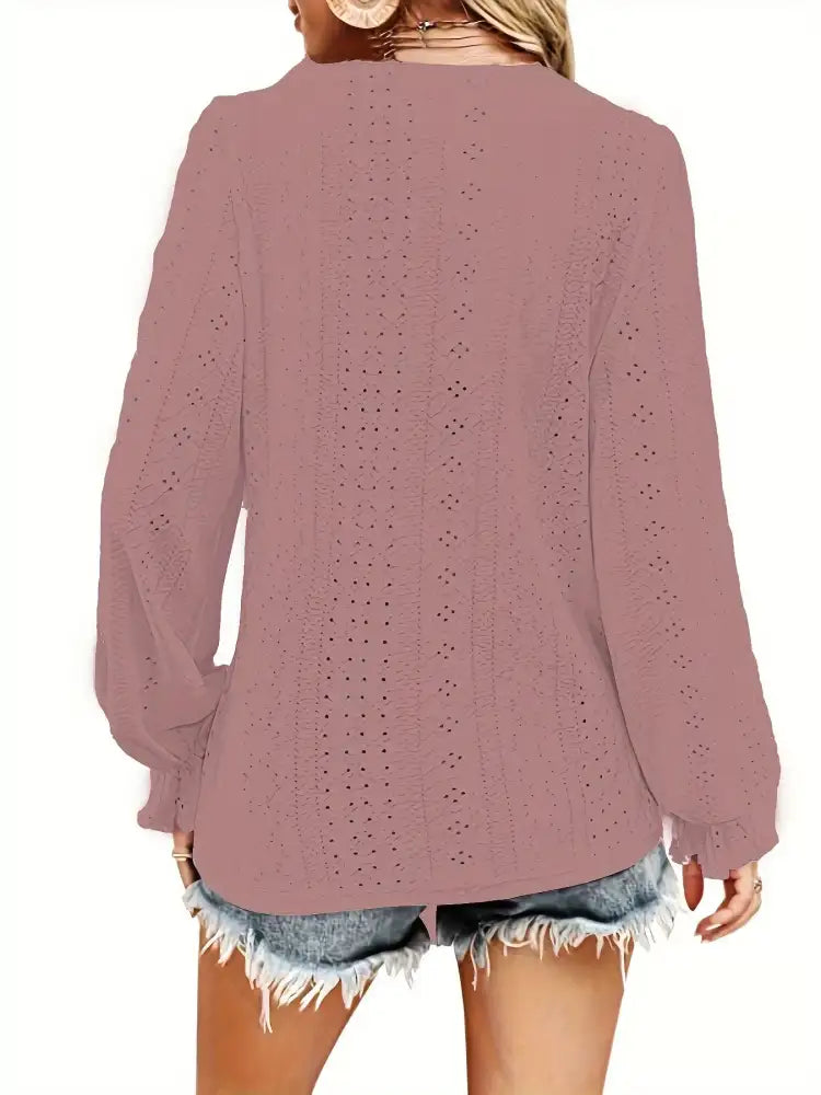 Plus Size Eyelet V-Neck Flounce Sleeve Blouse