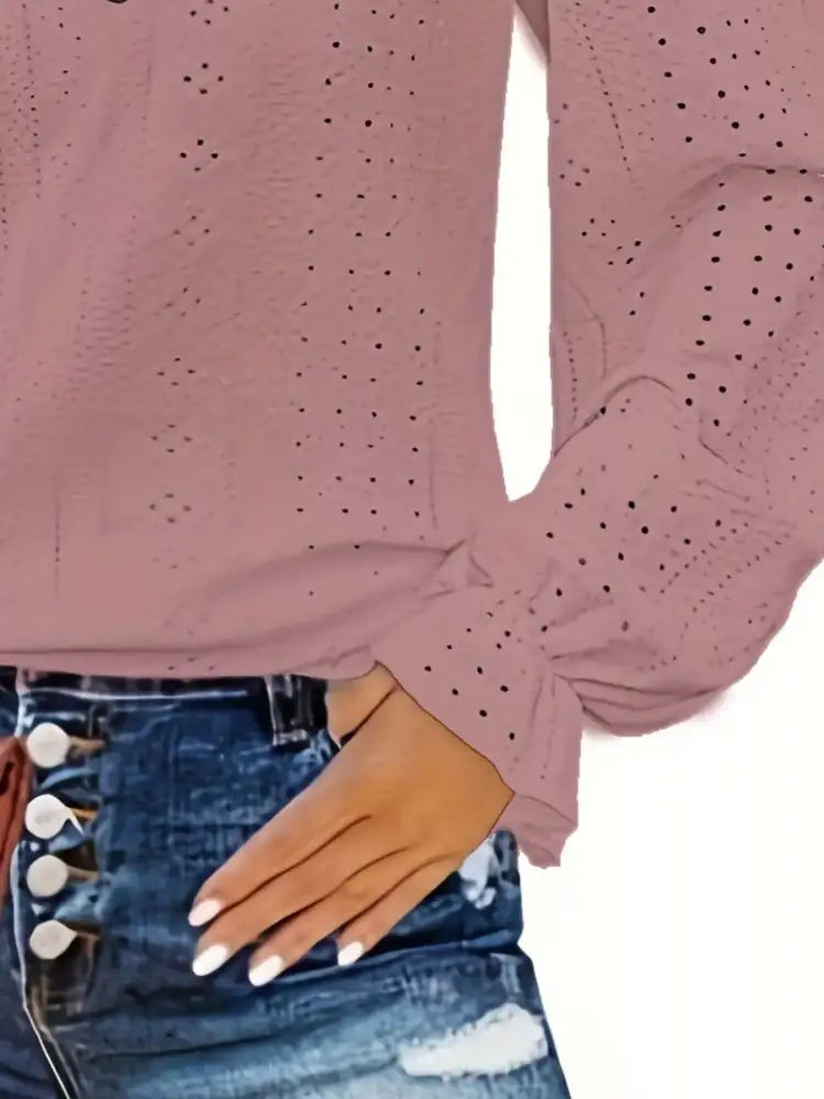 Plus Size Eyelet V-Neck Flounce Sleeve Blouse