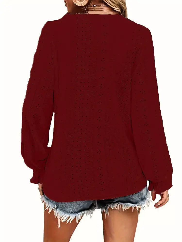 Plus Size Eyelet V-Neck Flounce Sleeve Blouse