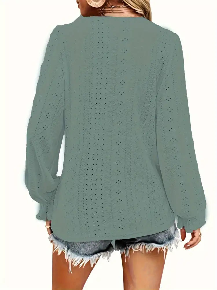 Plus Size Eyelet V-Neck Flounce Sleeve Blouse