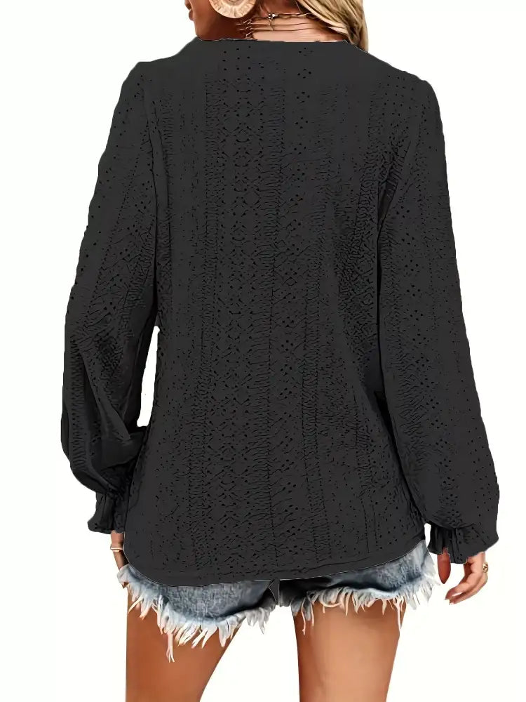 Plus Size Eyelet V-Neck Flounce Sleeve Blouse