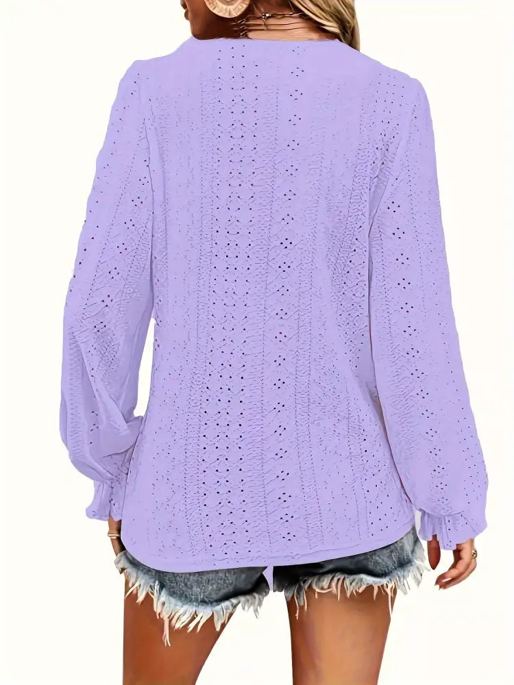 Plus Size Eyelet V-Neck Flounce Sleeve Blouse