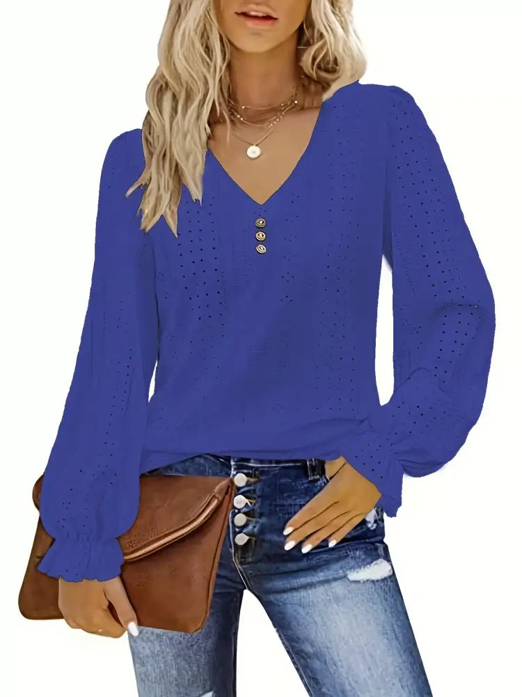 Plus Size Eyelet V-Neck Flounce Sleeve Blouse