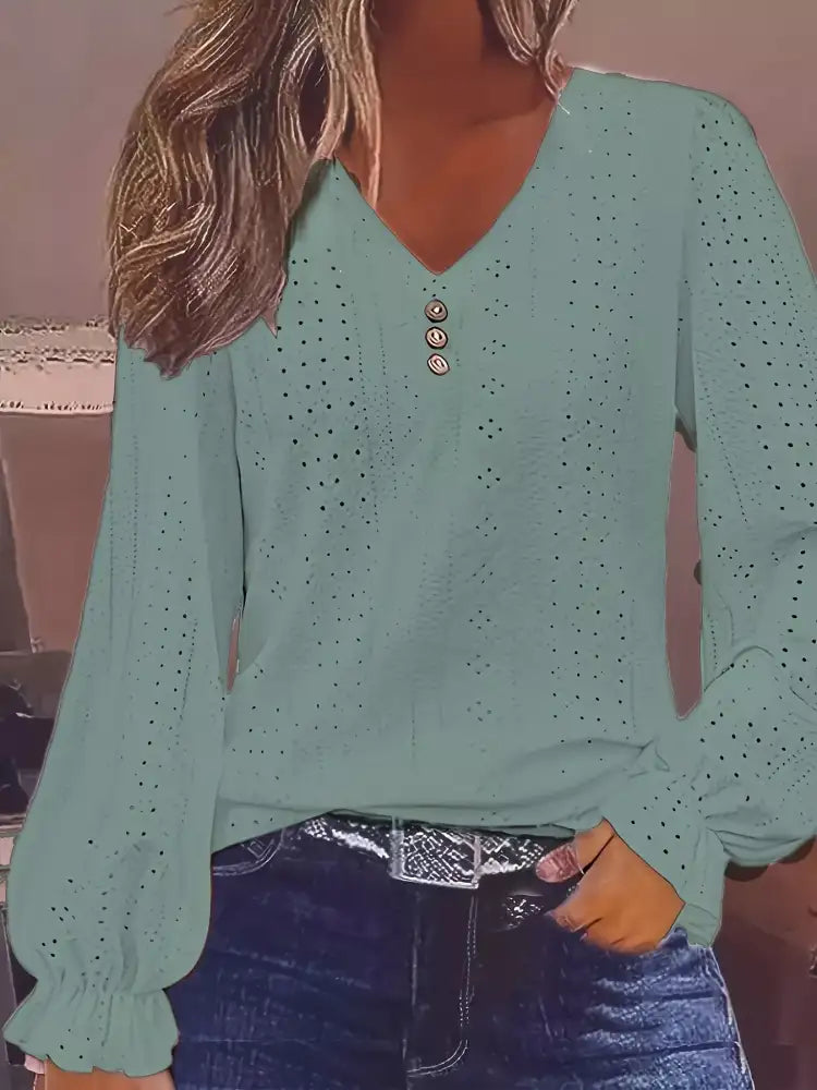 Plus Size Eyelet V-Neck Flounce Sleeve Blouse