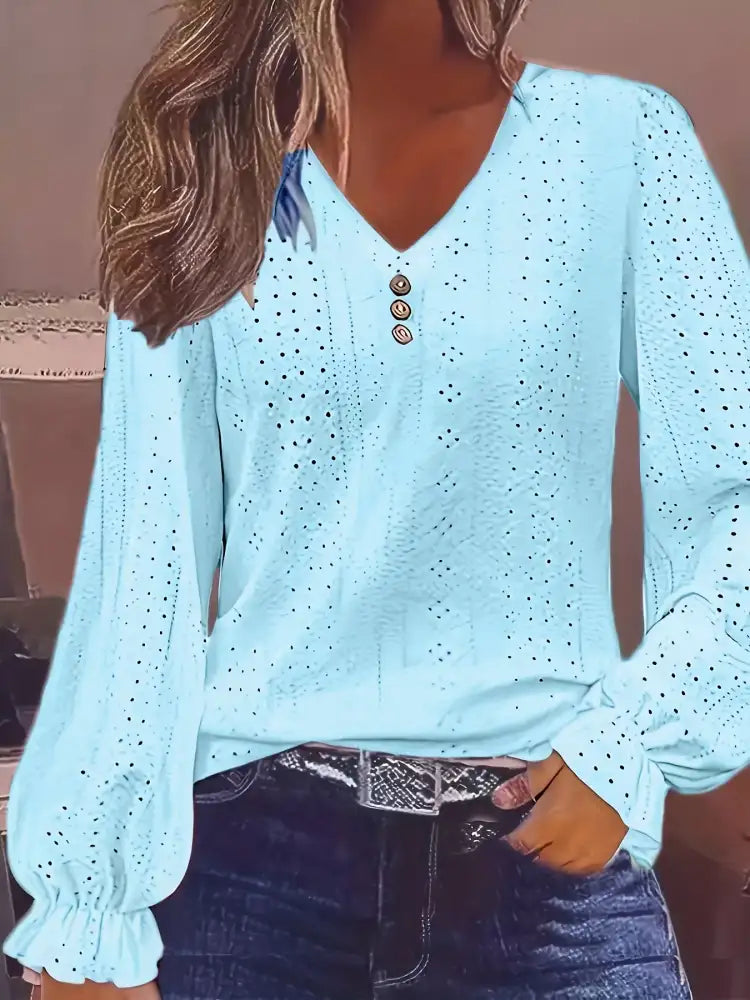 Plus Size Eyelet V-Neck Flounce Sleeve Blouse