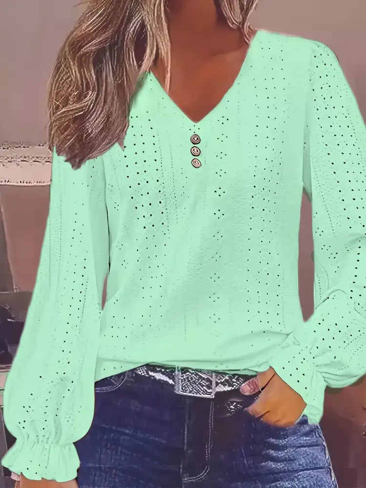 Plus Size Eyelet V-Neck Flounce Sleeve Blouse