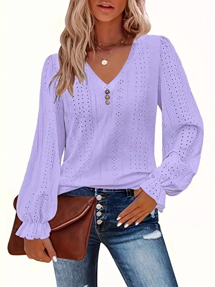 Plus Size Eyelet V-Neck Flounce Sleeve Blouse