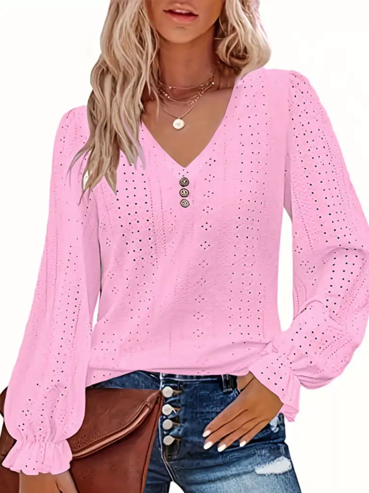 Plus Size Eyelet V-Neck Flounce Sleeve Blouse