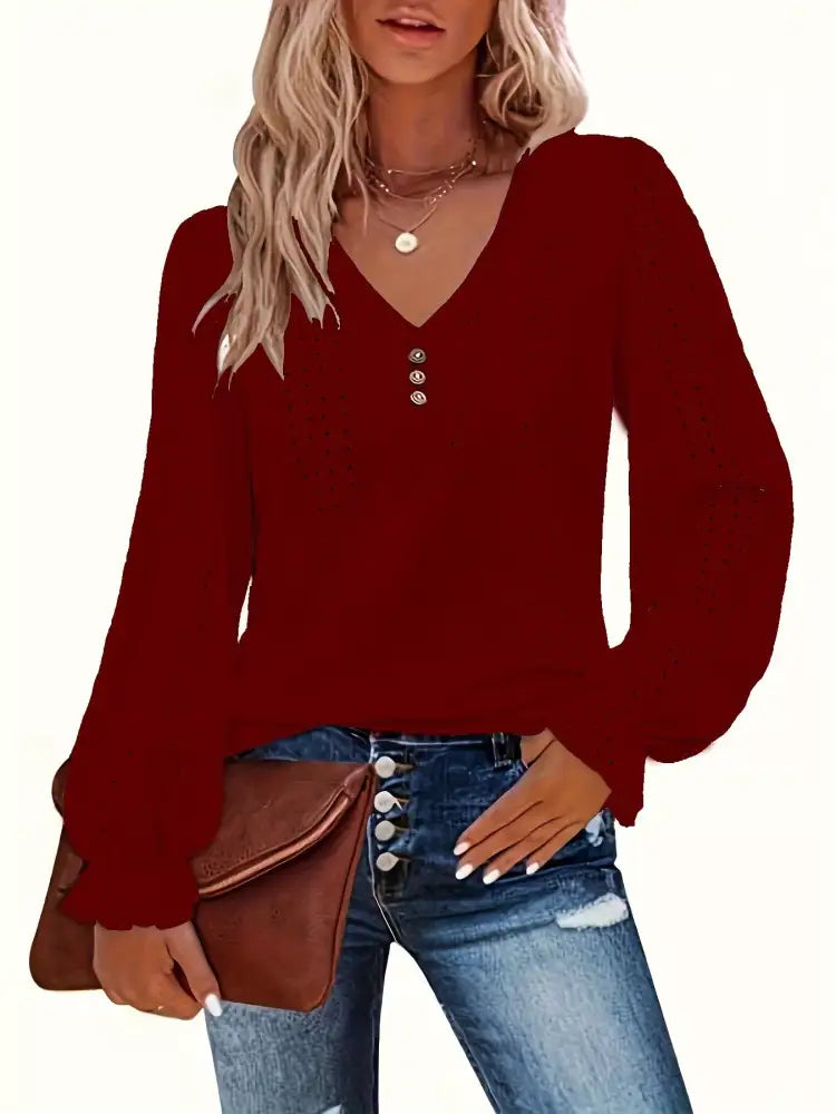 Plus Size Eyelet V-Neck Flounce Sleeve Blouse