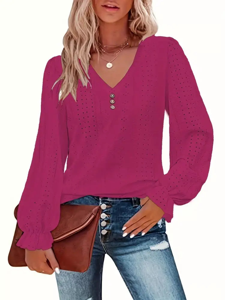 Plus Size Eyelet V-Neck Flounce Sleeve Blouse