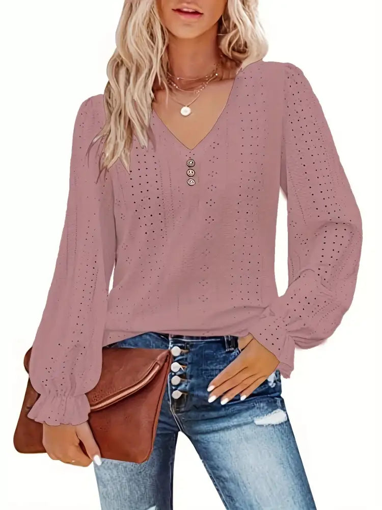 Plus Size Eyelet V-Neck Flounce Sleeve Blouse