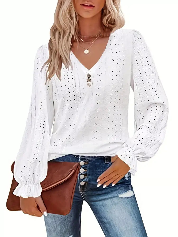 Plus Size Eyelet V-Neck Flounce Sleeve Blouse
