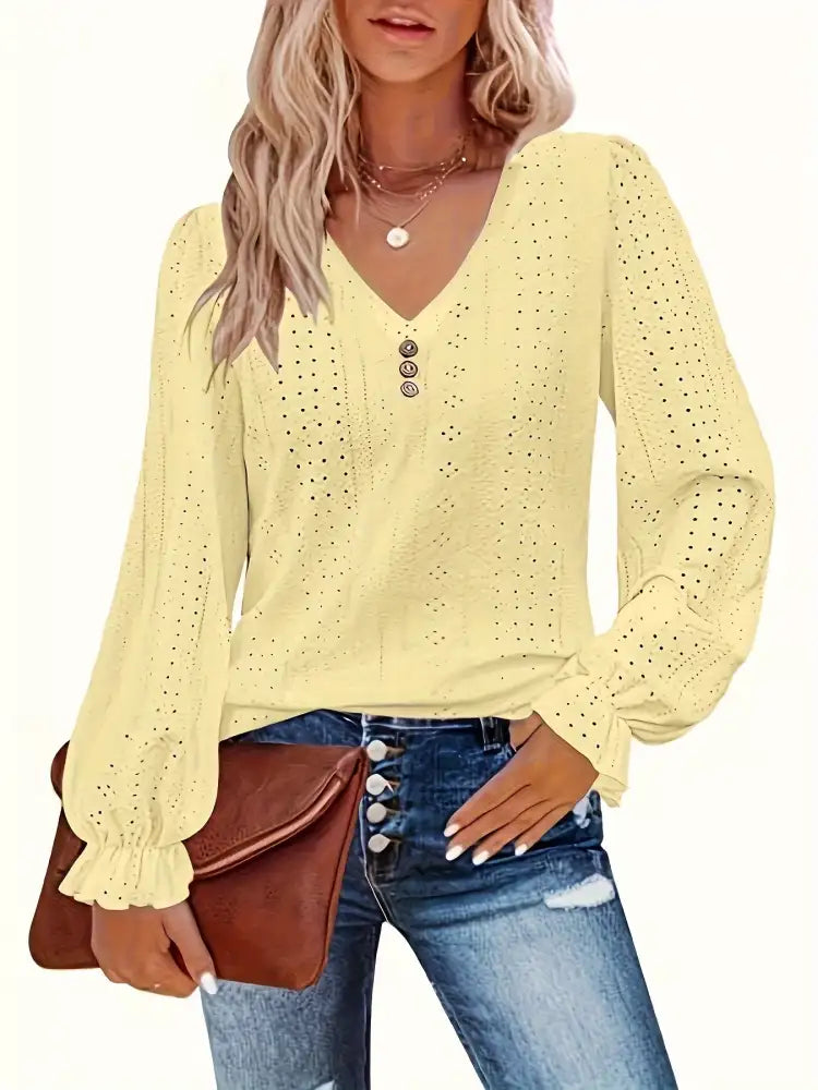 Plus Size Eyelet V-Neck Flounce Sleeve Blouse