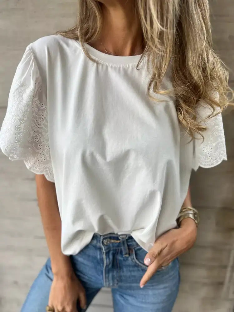 Plus Size Lace Detail Round Neck T-Shirt