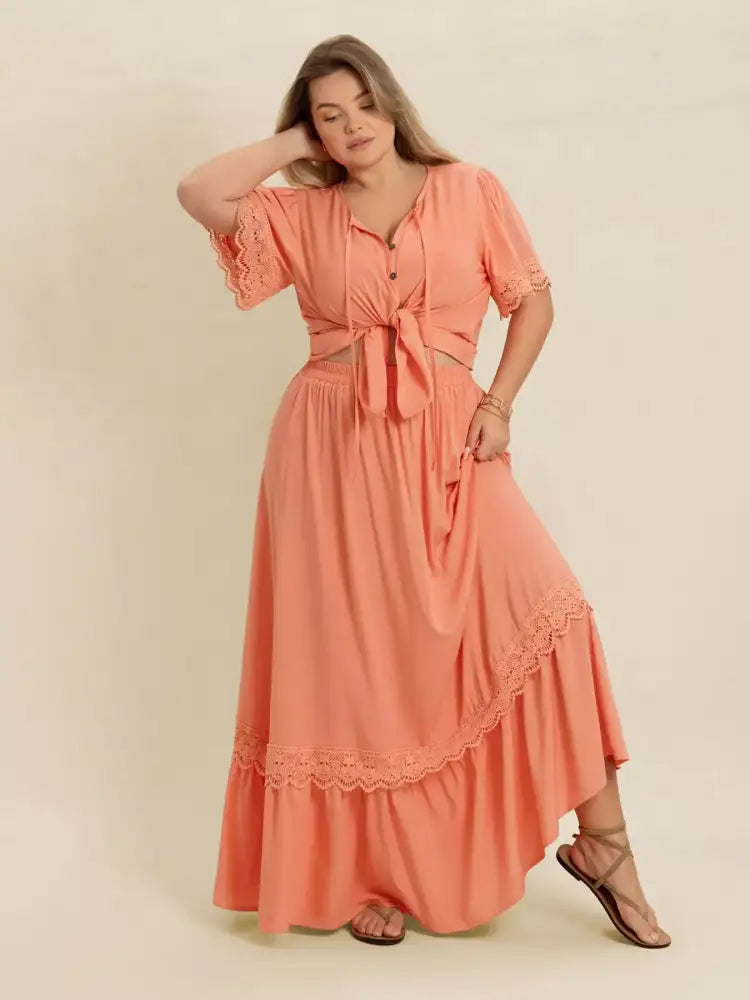 Plus Size Lace Detail Tie Neck Top and Skirt Set