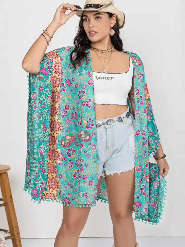 Plus Size Printed Open Front Cover-Up