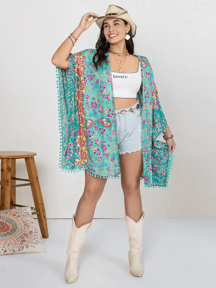 Plus Size Printed Open Front Cover-Up