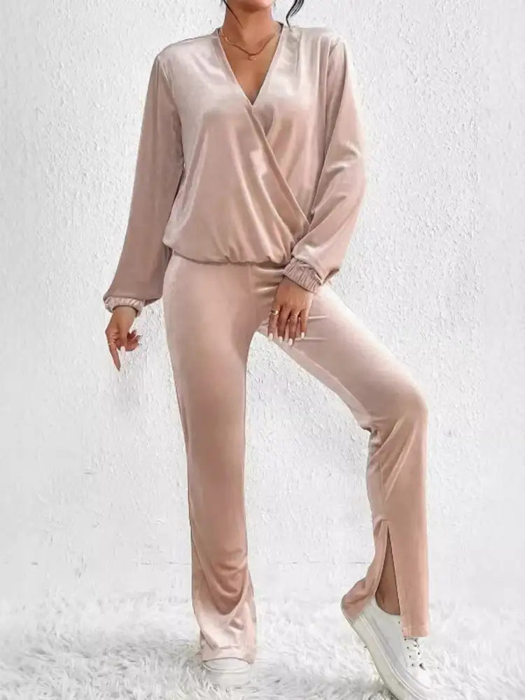 Plus Size Surplice Long Sleeve Top and Pants Set