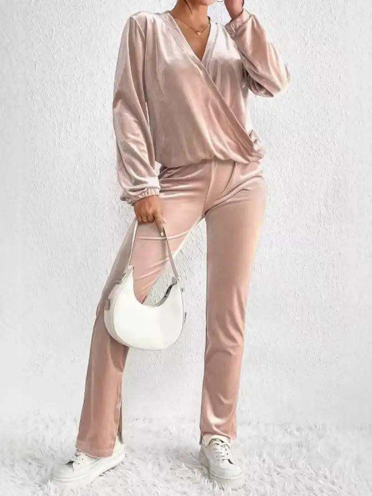 Plus Size Surplice Long Sleeve Top and Pants Set