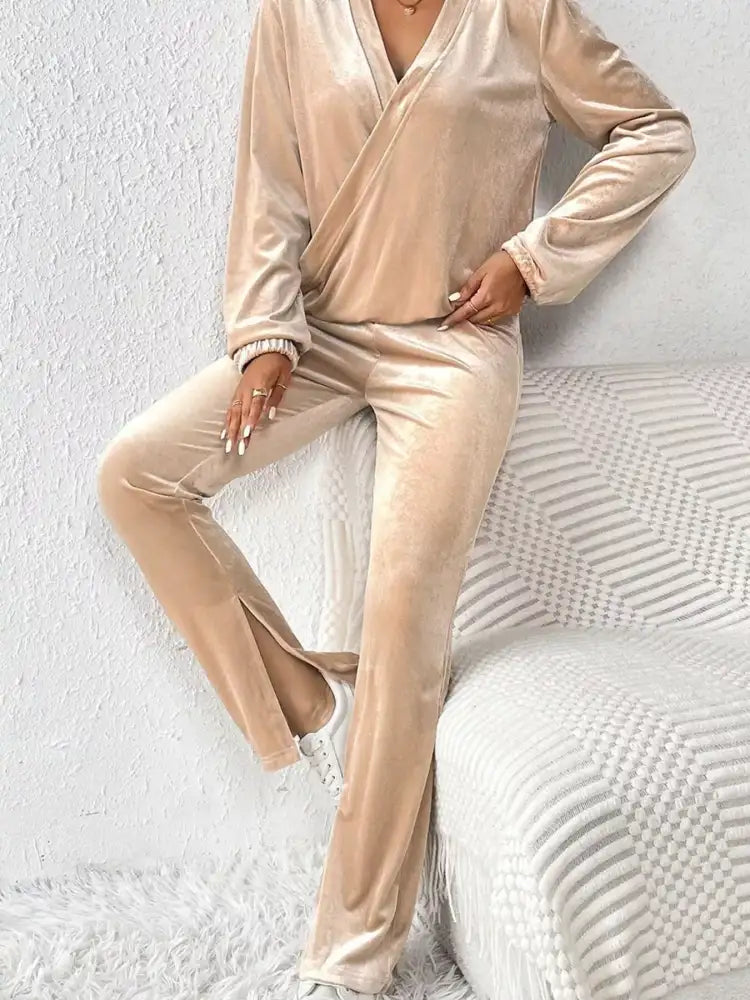 Plus Size Surplice Long Sleeve Top and Pants Set
