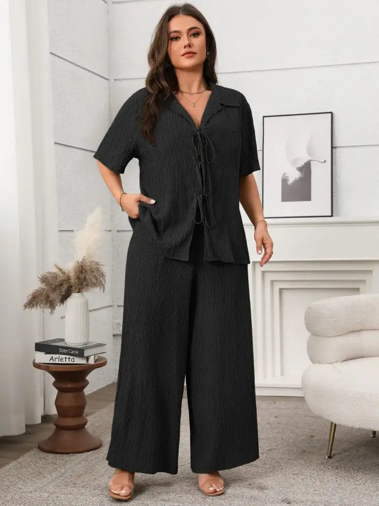 Plus Size Tie Front Short Sleeve Top and Pants Set