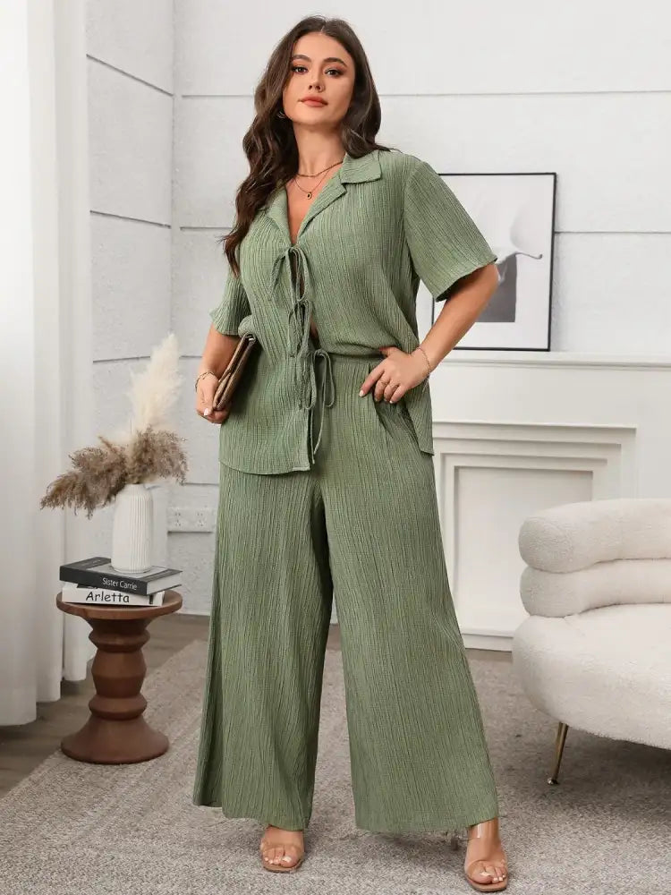 Plus Size Tie Front Short Sleeve Top and Pants Set